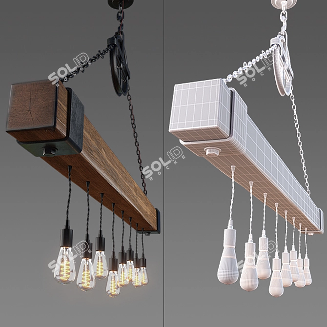 Rustic Wood Beam Pendant Light with Edison Bulbs 3D model image 3