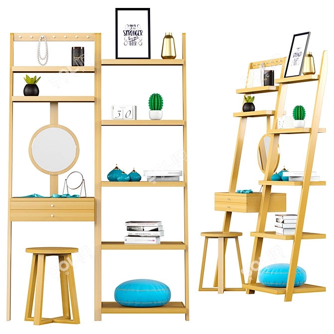 Oak Leaning Ladder Mini Dressing Table with Shelves 3D model image 1