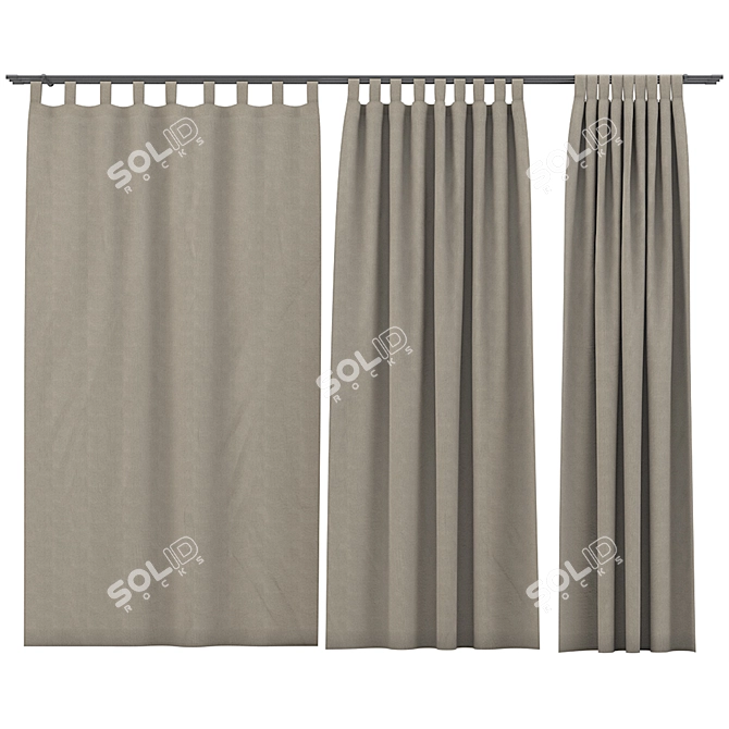 3DMAX Curtain Set | 3 Styles & Curtain Pole 3D model image 1