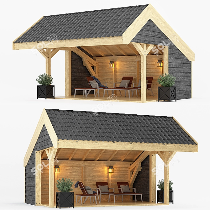 Rustic Wooden Arbor: 5.5m x 5.6m x 3.5m 3D model image 1