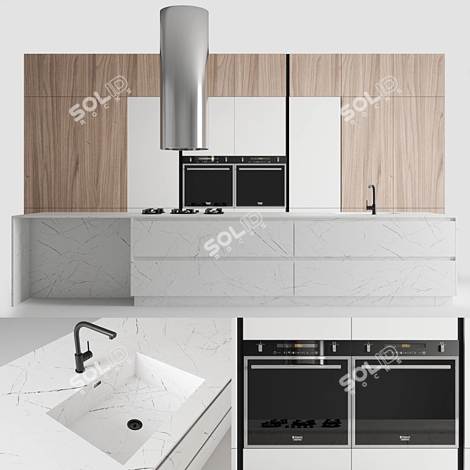 Sleek White Marble Kitchen 3D model image 1