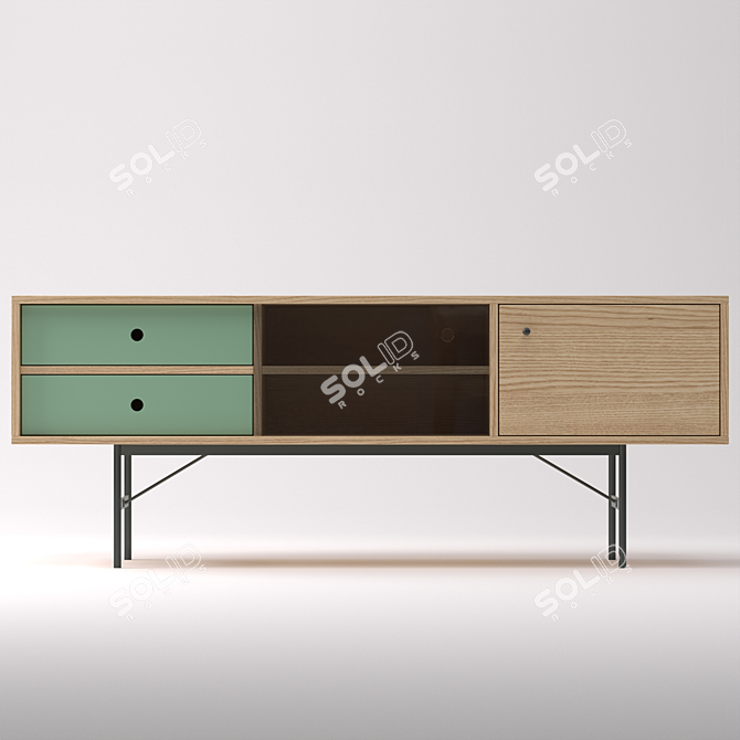 Title: Modern Oak TV Shelf with Glass Door and Drawers 3D model image 1