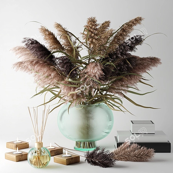 Rustic Grass Bouquet in Glass Vase 3D model image 1