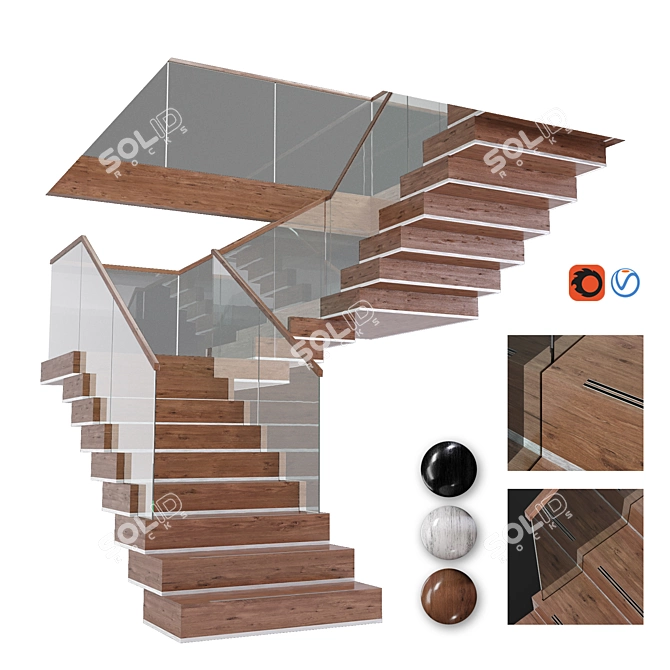 Sleek Glass & Wood Modern Staircase 3D model image 8