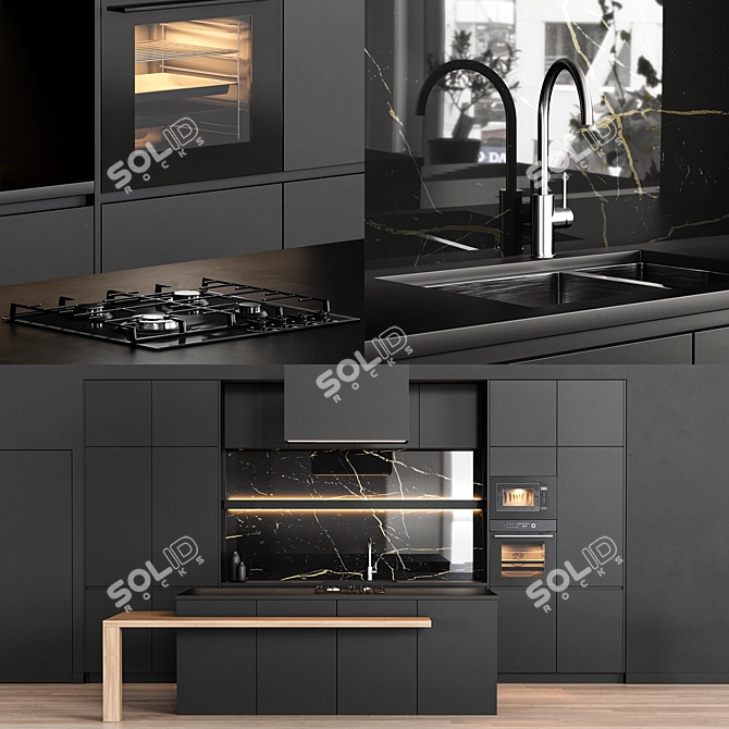 Sleek Black Kitchen Design 3D model image 1