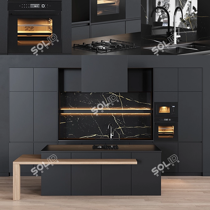 Sleek Black Kitchen Design 3D model image 4