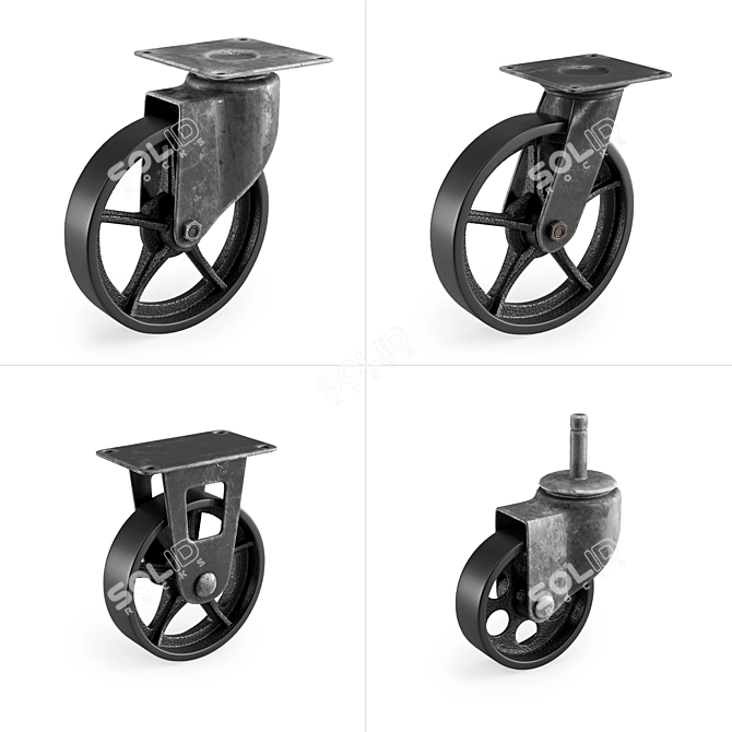 Vintage Cast Iron Swivel Caster Set 3D model image 1