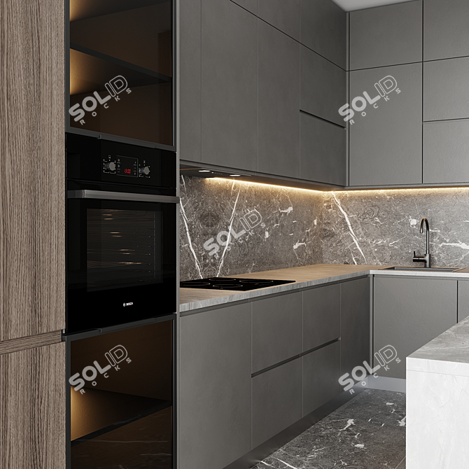 Modern Corner Kitchen Set with Bosch Appliances 3D model image 2