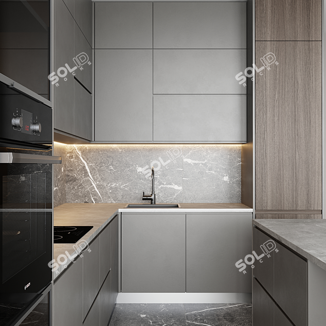 Modern Corner Kitchen Set with Bosch Appliances 3D model image 3