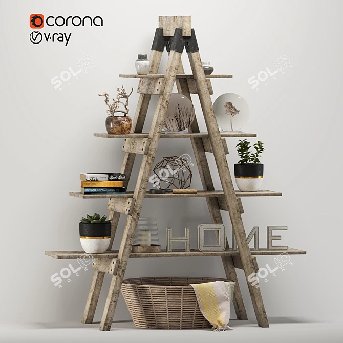 Rustic Eco-Friendly Wooden Ladder Shelf 3D model image 1