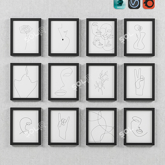 Title: Expressive Line Art Framed Set 3D model image 1