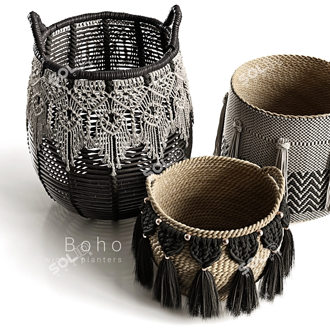 Boho-Style Wicker Planters 3D model image 2