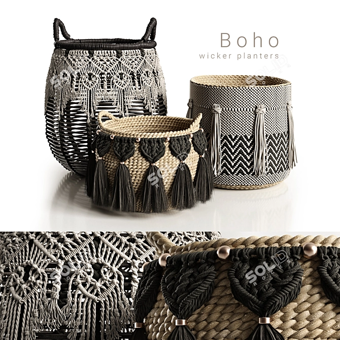 Boho-Style Wicker Planters 3D model image 5