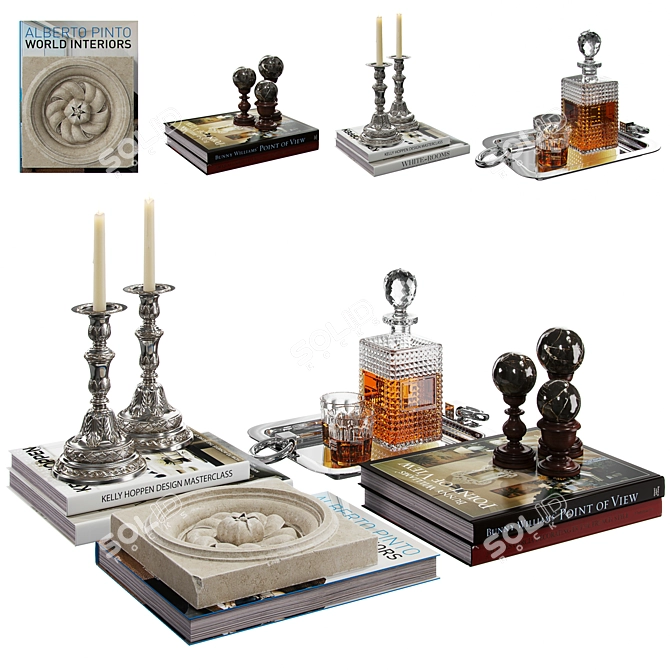 Elegant Décor Set: Books, Decanter, Glasses & More 3D model image 1