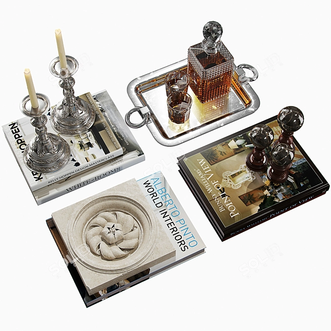 Elegant Décor Set: Books, Decanter, Glasses & More 3D model image 2