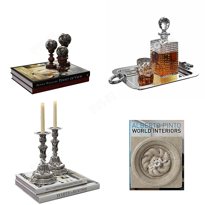 Elegant Décor Set: Books, Decanter, Glasses & More 3D model image 3