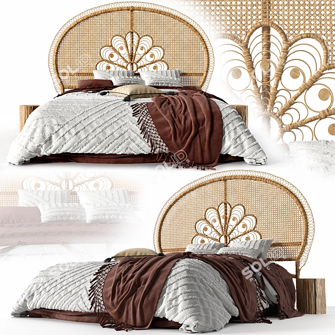 Rustic Rattan Honey Bedhead 3D model image 1