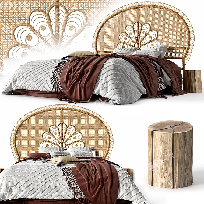 Rustic Rattan Honey Bedhead 3D model image 8