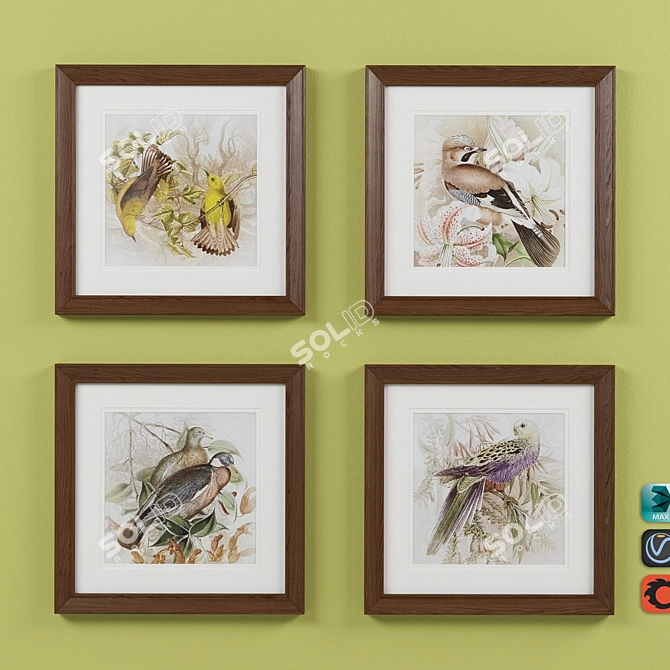 Title: Charming Birds 4-Piece Framed Print Set 3D model image 1