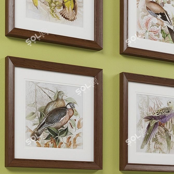 Title: Charming Birds 4-Piece Framed Print Set 3D model image 2