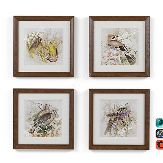 Title: Charming Birds 4-Piece Framed Print Set 3D model image 4