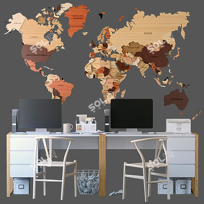 Wooden Office Set with World Map 3D model image 1