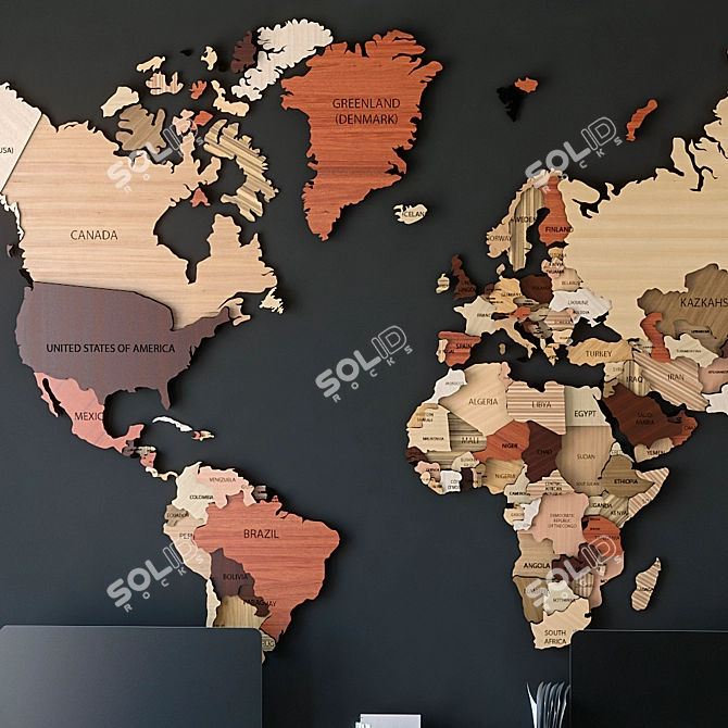 Wooden Office Set with World Map 3D model image 3