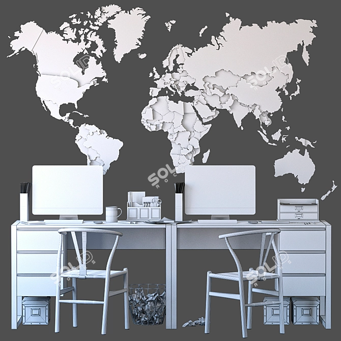 Wooden Office Set with World Map 3D model image 5