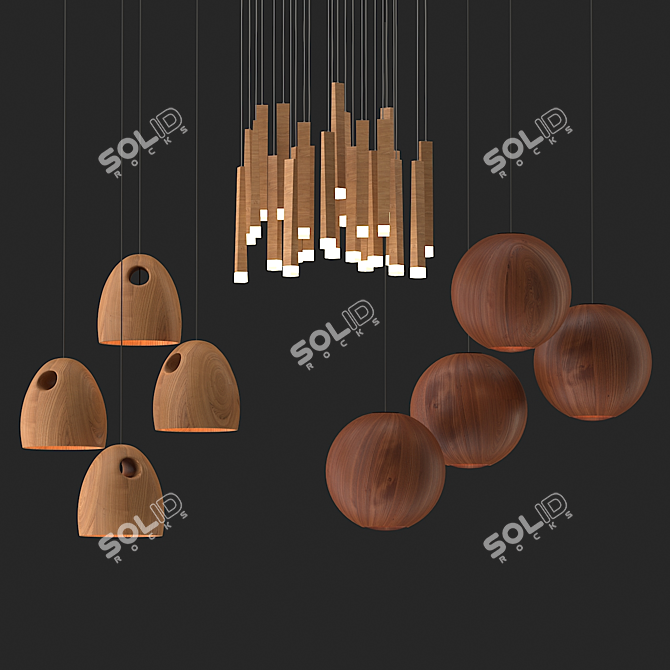 Natural Oak Wood Pendant Lamps 3D model image 3