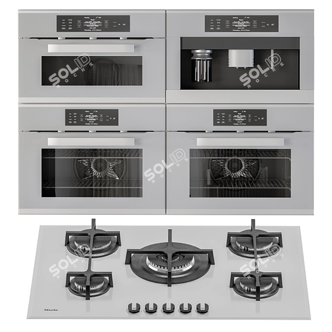 Gray White Kitchen Set: Cooktop, Microwave, Oven, Hood, Sink 3D model image 2