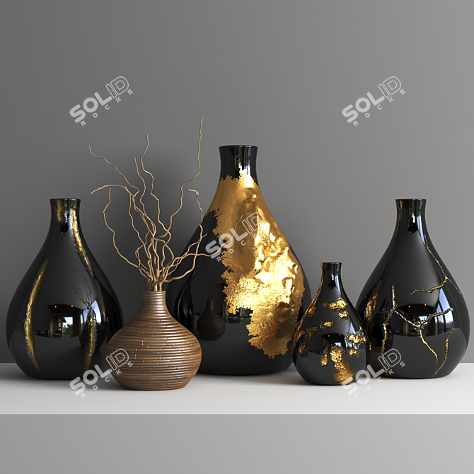 Gilded Elegance: Set of 2 Golden Vases 3D model image 1