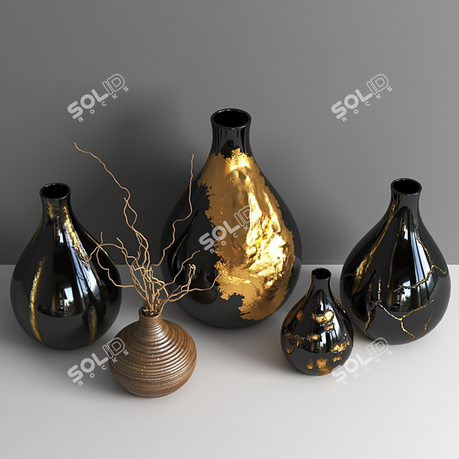 Gilded Elegance: Set of 2 Golden Vases 3D model image 2