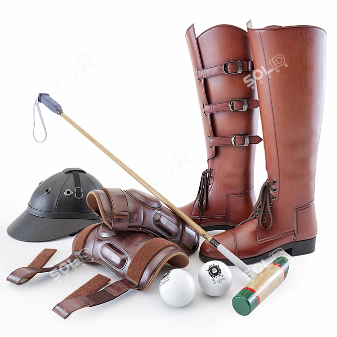 Polo Horse Kit: Boots, Helmet, Knee Pads, Stick, Ball 3D model image 1