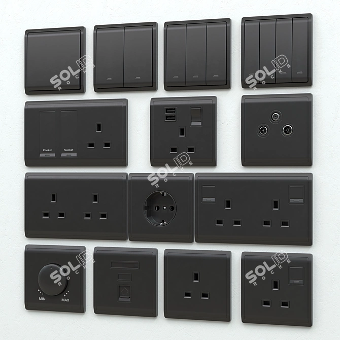 Sophisticated Matte Black Pieno Switches & Sockets 3D model image 1