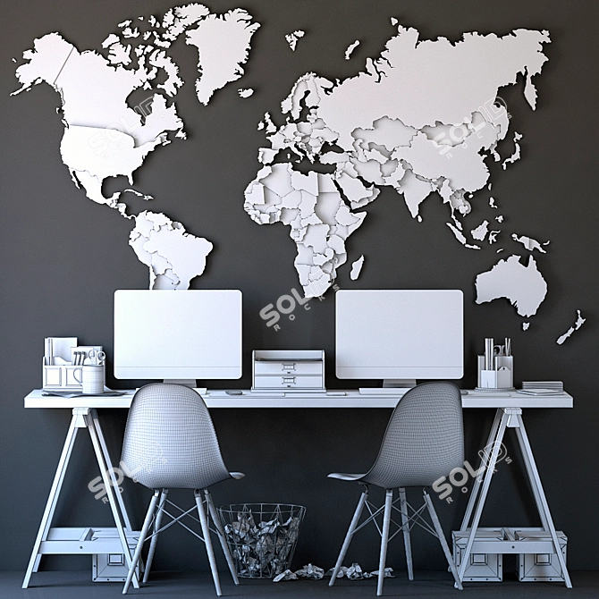 Vintage Office Set with World Map 3D model image 5