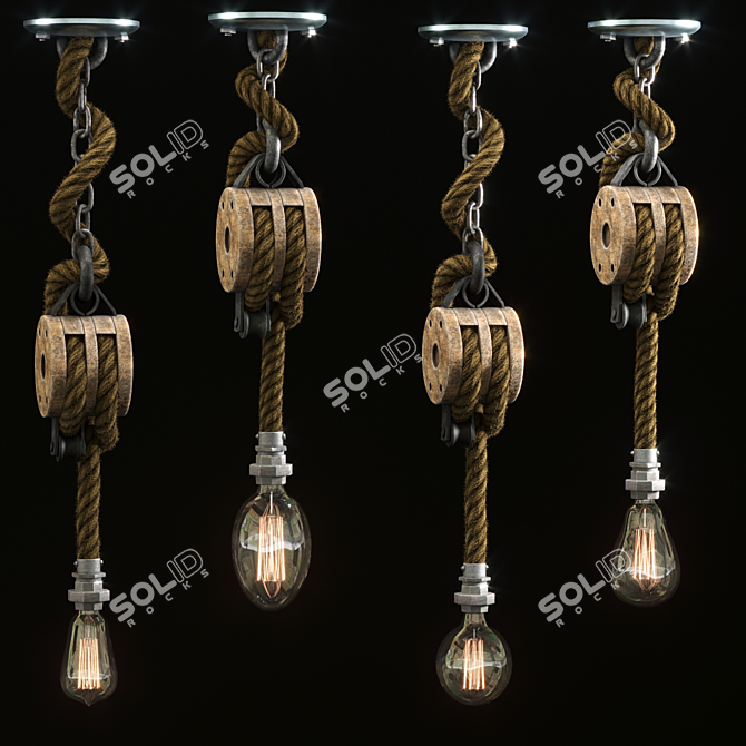 Rustic Wooden Pulley Lamp 3D model image 1