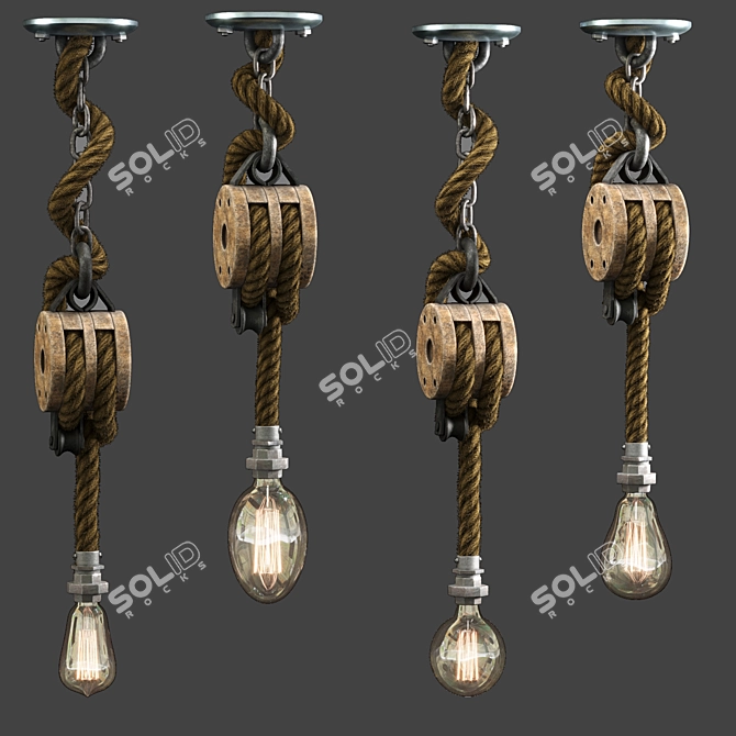 Rustic Wooden Pulley Lamp 3D model image 5