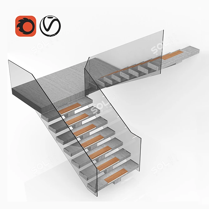 Contemporary Wooden Staircase 3D model image 1