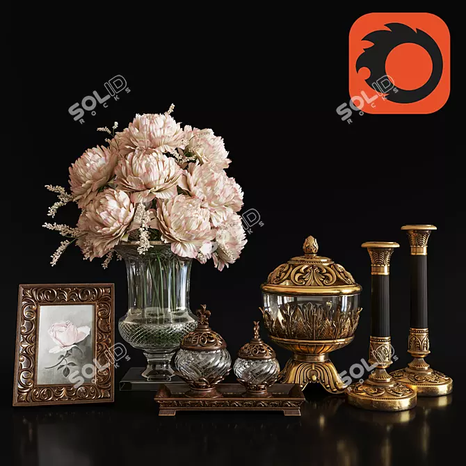 Antique Brass Decor Set: Vases & Candlestick 3D model image 1