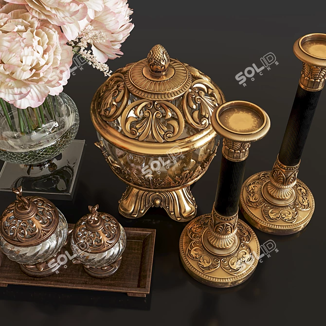 Antique Brass Decor Set: Vases & Candlestick 3D model image 2