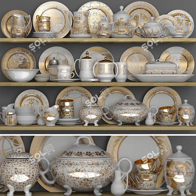 Classic Porcelain Tableware Set: Gold, Duck Egg Holder, Pitcher, Tray, Cup 3D model image 3