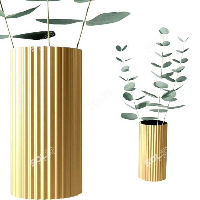 Golden Metal Vase with Eucalyptus Branches 3D model image 1