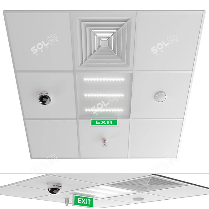 Armstrong Ceiling with Built-in LED Light, Camera, Ventilation, Fire Suppression System & Exit Sign. 3D model image 2