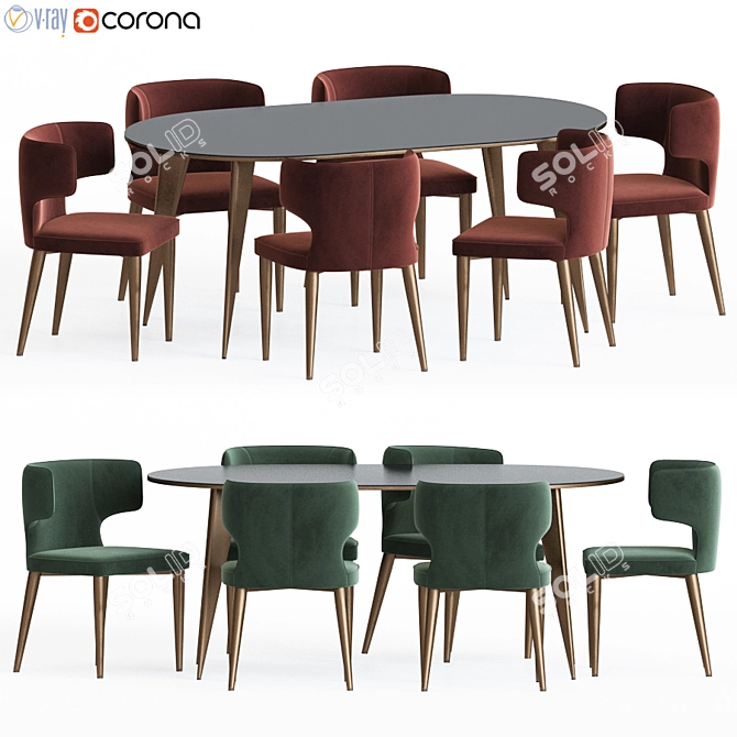 Luxembourg Dining Set - Elegant Oval Table & Velvet Chairs 3D model image 1
