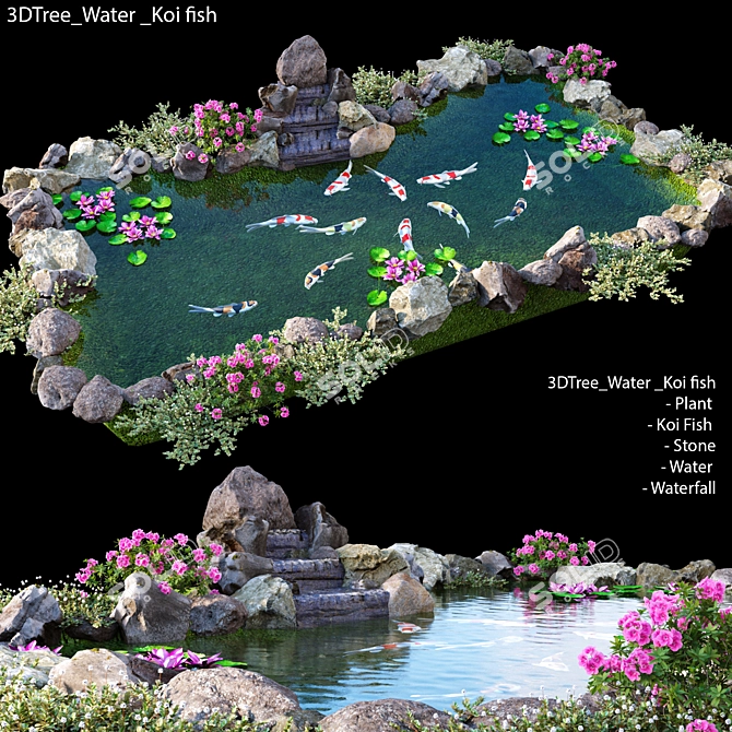  Koi Fish Waterfall Garden 3D model image 1