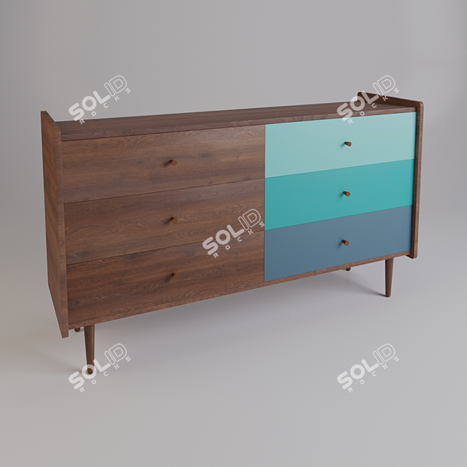 Retro-Inspired Colorful 6-Drawer Walnut Dresser 3D model image 1