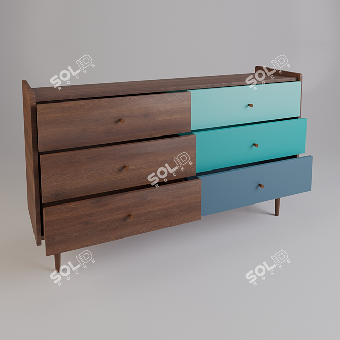 Retro-Inspired Colorful 6-Drawer Walnut Dresser 3D model image 4