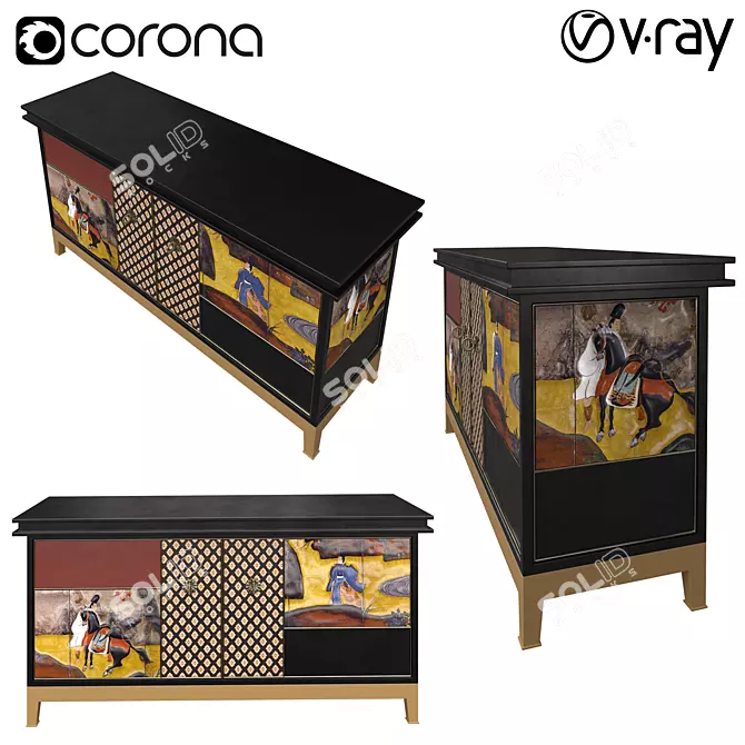 Ebonized Chest of Drawers with Chinese Ornament Panels 3D model image 1