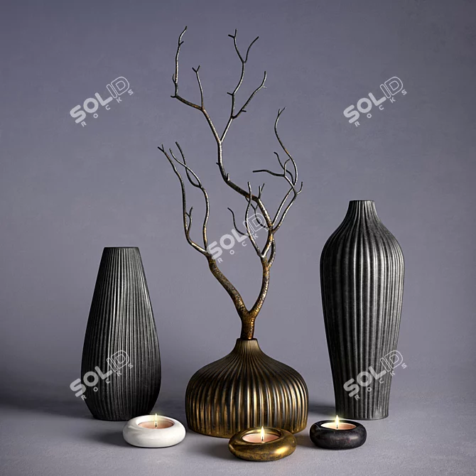 Elegant Vases & Branch Décor 3D model image 1