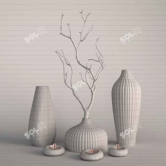 Elegant Vases & Branch Décor 3D model image 3